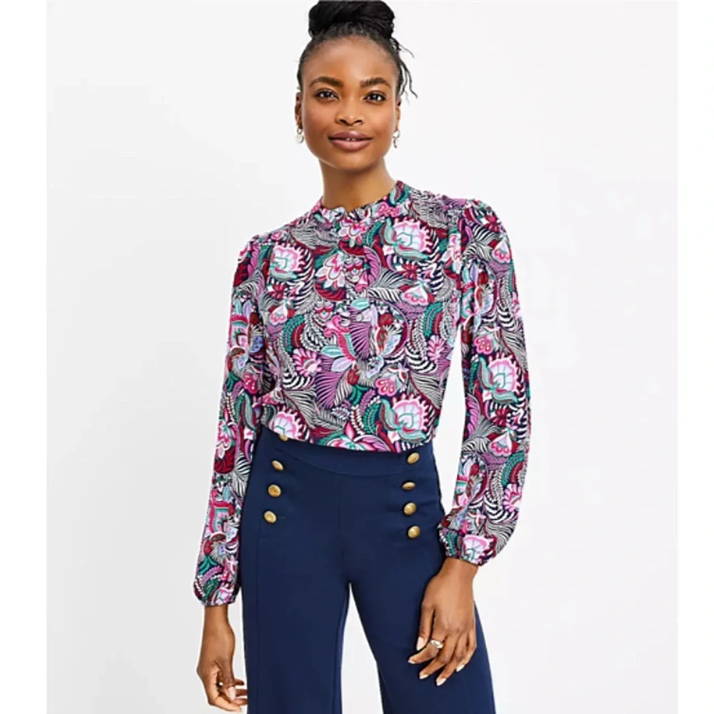 Loft Paisley Multicolor Stand Collar Henley Blouse